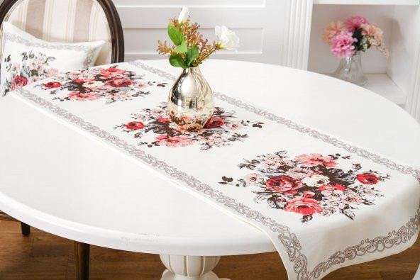 Finezza Gardenya Pamuk Çiçek Baskılı Kumaş Krem Runner Kırlent Seti 3 Prç. - 650 - Resim 4