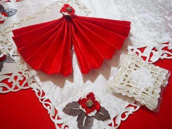 Finezza Afife Kadife Krem Kırmızı Sofra Takımı 8 kişilik  160x230cm 34 Prç.- 373 - 3