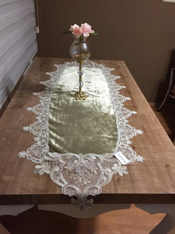 Finezza Bloom Kadife Kumaş Güpürlü Haki Runner 45*150 cm - 645 - 2