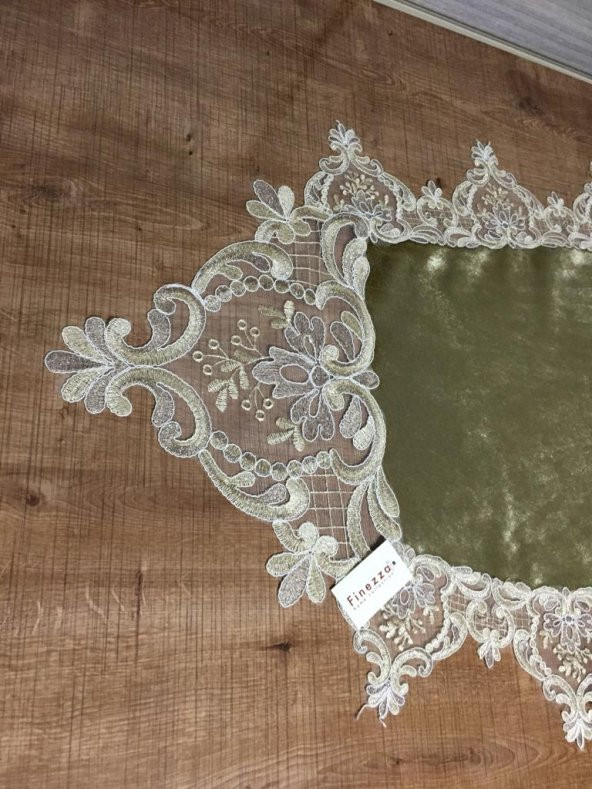 Finezza Bloom Kadife Kumaş Güpürlü Haki Runner 45*150 cm - 645 - 3