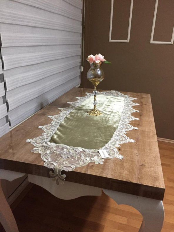 Finezza Bloom Kadife Kumaş Güpürlü Haki Runner 45*150 cm - 645 - 4