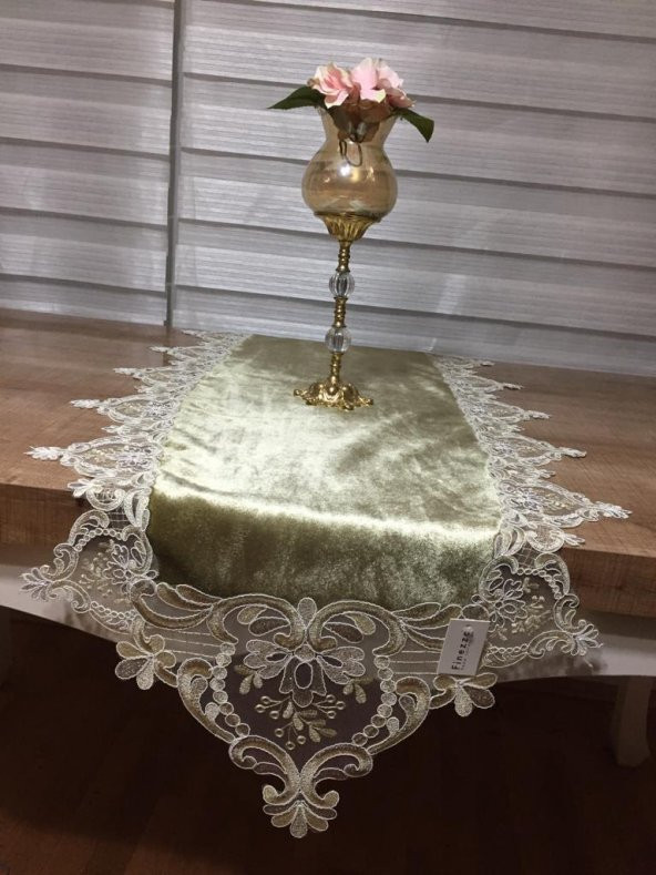Finezza Bloom Kadife Kumaş Güpürlü Haki Runner 45*150 cm - 645 - 5