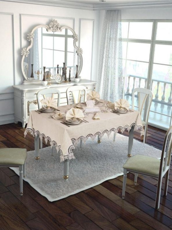 Finezza Ahsen Dantelli Etamin Bej Sofra Takımı 8 Kşl. 170x230 cm 17 Parça - 297
