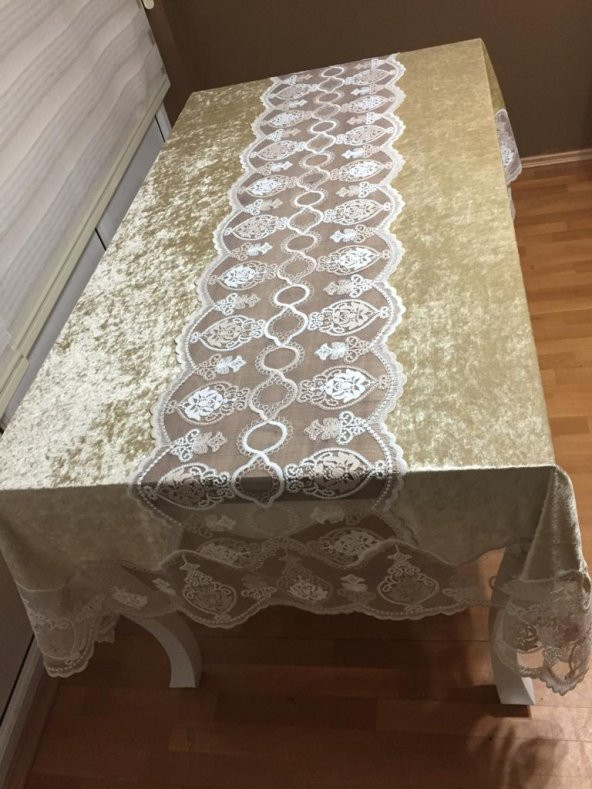 Finezza Çağla Lüx  Dantelli Kadife Kumaş Bej Masa Örtüsü 160x220 cm - 100 - Resim 2