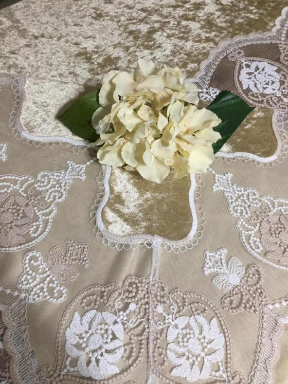 Finezza Çağla Lüx  Dantelli Kadife Kumaş Bej Masa Örtüsü 160x220 cm - 100 - Resim 3