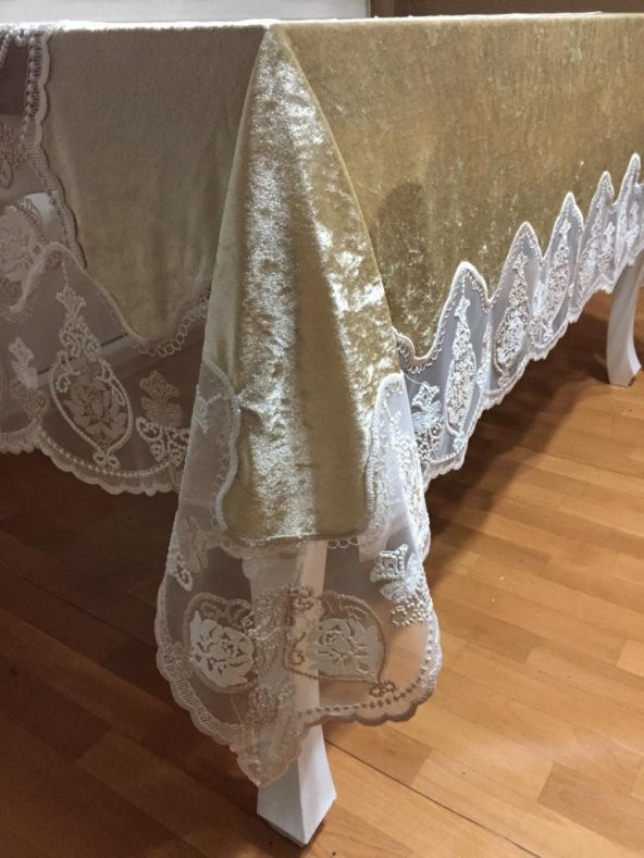 Finezza Çağla Lüx  Dantelli Kadife Kumaş Bej Masa Örtüsü 160x220 cm - 100 - Resim 4