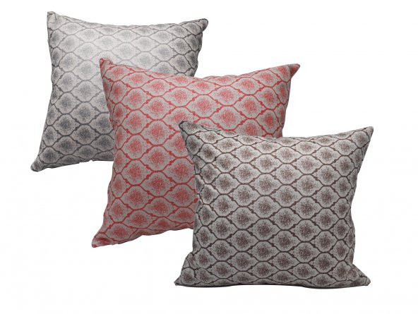 Finezza Melisa Damask Baskılı Kahve&kırmızı&Gümüş Kırlent 45x45 cm Üçlü - 813