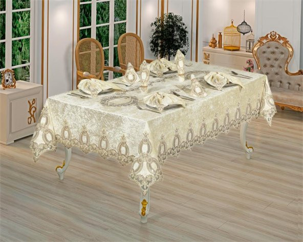 Finezza Fulya Dantelli Kadife Krem Sofra Takımı 8 kşl. 160x230cm 17 Prç. - 170 - 7