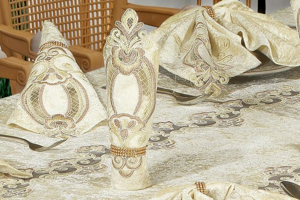 Finezza Fulya Dantelli Kadife Krem Sofra Takımı 8 kşl. 160x230cm 17 Prç. - 170 - 4