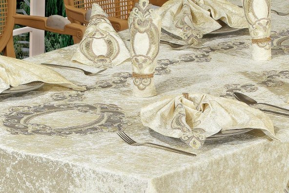 Finezza Fulya Dantelli Kadife Krem Sofra Takımı 8 kşl. 160x230cm 17 Prç. - 170 - 5