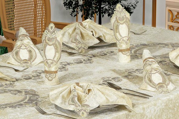 Finezza Fulya Dantelli Kadife Krem Sofra Takımı 8 kşl. 160x230cm 17 Prç. - 170 - 6