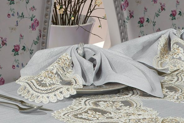 Finezza Buket Dantelli Keten Gri Sofra Takımı 8 kişilik 160x230cm 17 Prç. - 173 - 4