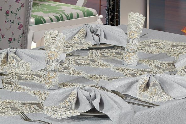 Finezza Buket Dantelli Keten Gri Sofra Takımı 8 kişilik 160x230cm 17 Prç. - 173 - 6