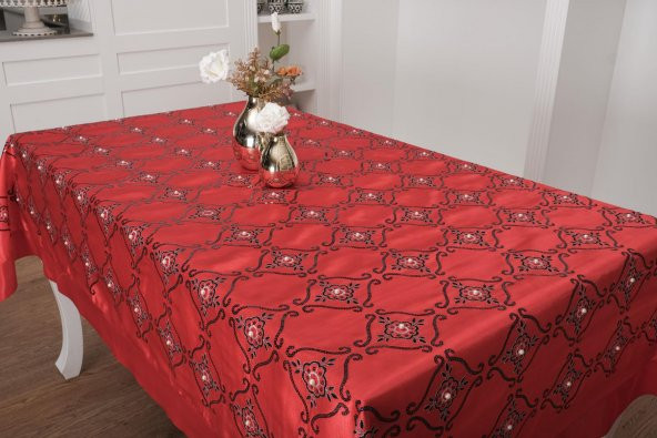Finezza İncili İpek Saten kumaş Kırmızı Masa Örtüsü 150*200 cm - 838 - 2