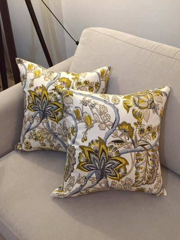 Finezza Gardens Çiçek Baskılı Pamuk Kumaş Krem Yeşil Kırlent 45x45cm 2.li  - 812 - 2