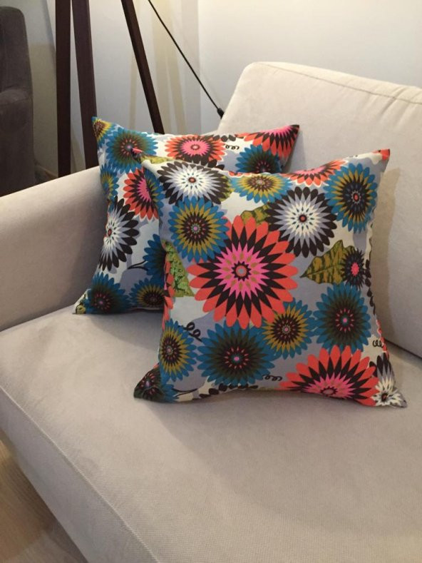Finezza Geometrik Çiçek Baskılı Pamuk Kumaş Krem Kırlent 45x45 cm İkili - 810 - 2