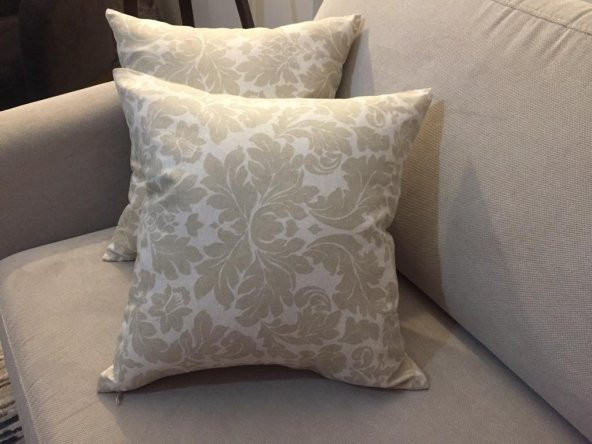 Finezza Keten Yaprak Baskılı Pamuklu Kumaş Krem/Bej Kırlent 45*45 cm İkili - 786 - 2