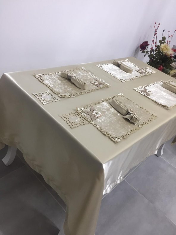 Finezza Afife Kadife Beje Bej Sofra Takımı 8 kişilik  160x230 cm 34 Parça - 686 - 4