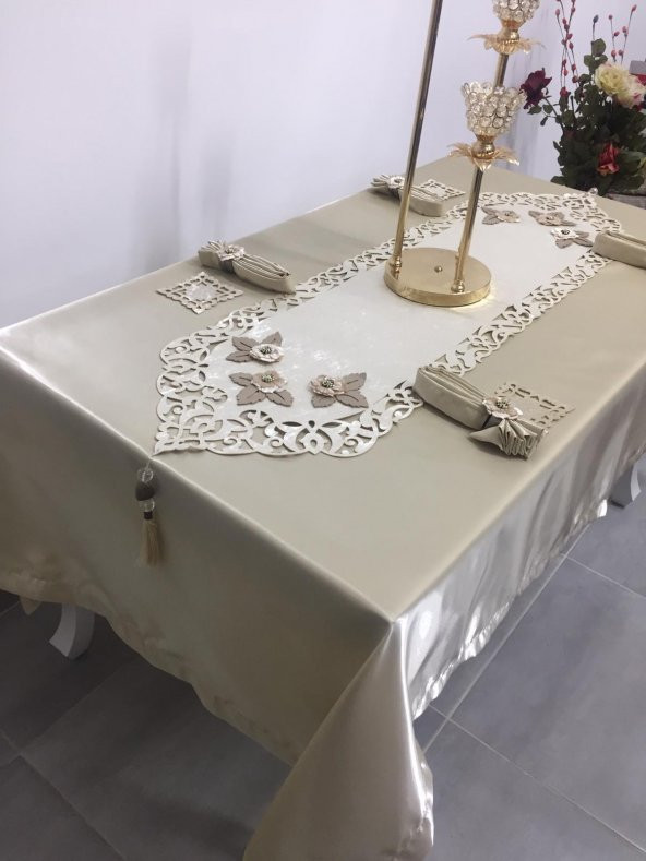 Finezza Afife Kadife Beje Bej Sofra Takımı 8 kişilik  160x230 cm 34 Parça - 686 - 5
