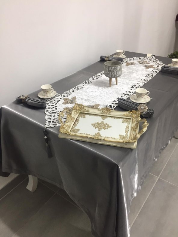 Finezza Afife Kadife Gümüşe Füme Sofra Takımı 8 kişilik 160x230 cm 34 Prç. - 685 - 3