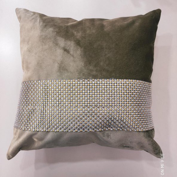 Finezza Hale Şerit Taşlı  Kadife Kumaş Haki Kırlent 45*45 cm İkili - 20 - 2
