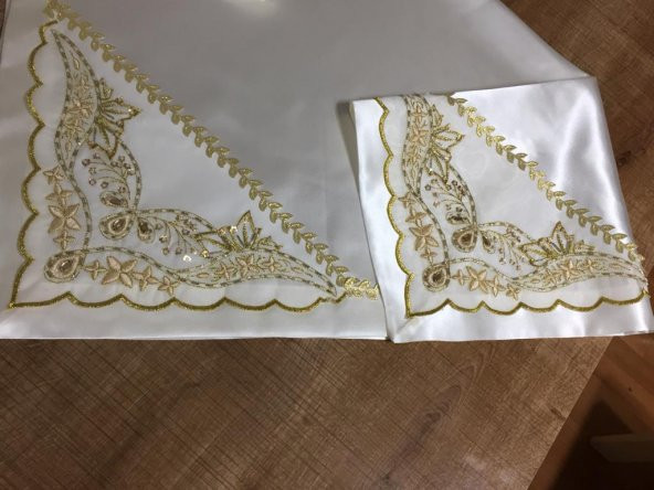 Finezza El işlemesi Boncuklu Saten Kumaş Beyaz Gold Gelin Bohçası 90x90 cm - 515 - 3