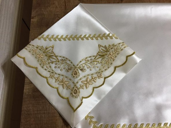 Finezza El işlemesi Boncuklu Saten Kumaş Beyaz Gold Gelin Bohçası 90x90 cm - 515 - 6