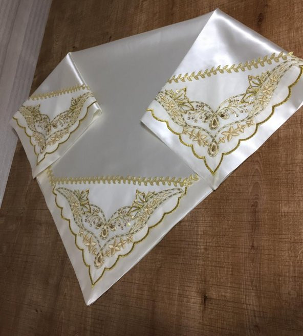 Finezza El işlemesi Boncuklu Saten Kumaş Beyaz Gold Gelin Bohçası 90x90 cm - 515 - 8