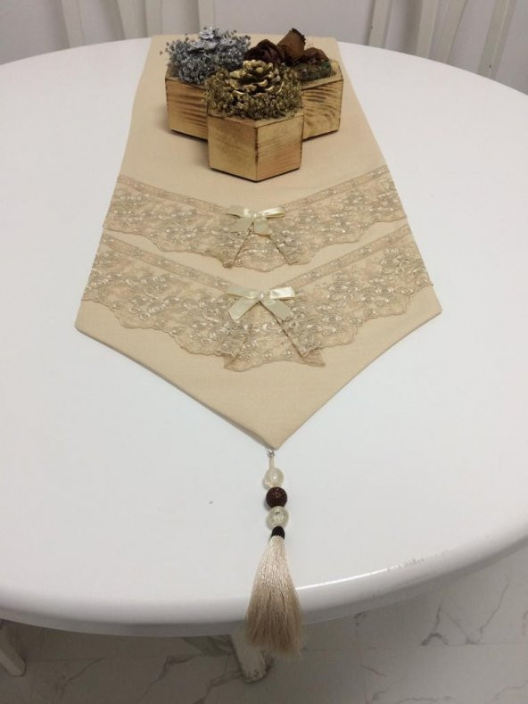 Finezza Runnerlinen Güpürlü Keten Kumaş Bej Runner 40*160 cm - 389 - Resim 2