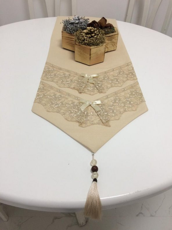 Finezza Runnerlinen Güpürlü Keten Kumaş Bej Runner 40*160 cm - 389 - Resim 3