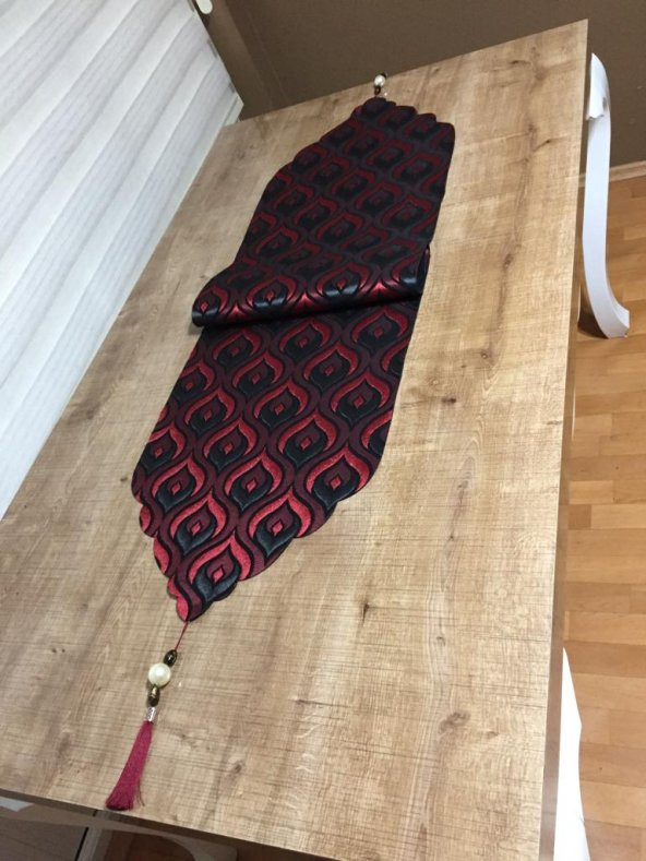 Finezza Mihrimah Jakar Kumaş Lazer Kesim Kırmızı/Siyah Runner 140 cm - 103 - 6