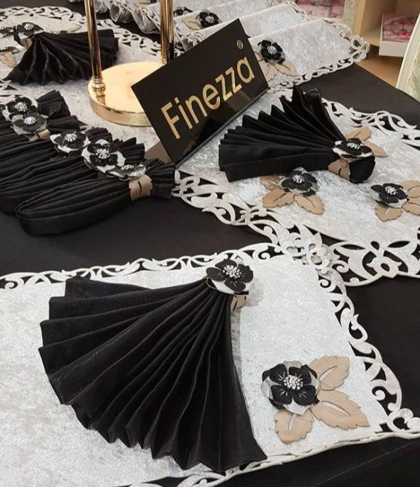 Finezza Afife Kadife Gümüş Siyah Sofra Takımı 8 kişilik 160x230 cm 34 Parça - 50 - 2