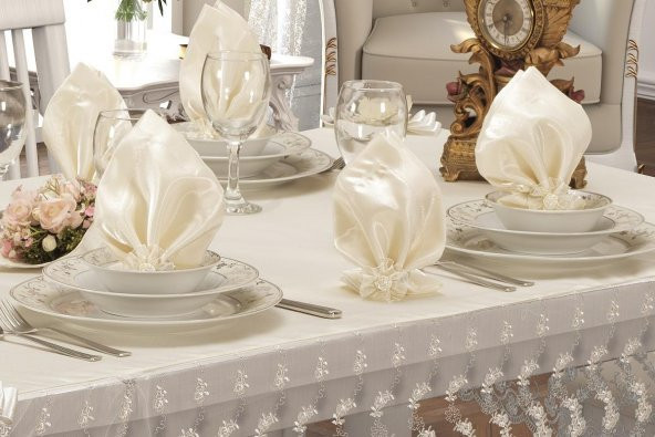 Finezza Narin Dantelli Monoray Krem Sofra Takımı 8 Kşl. 160x230 cm 17 Prç.- 133 - 5