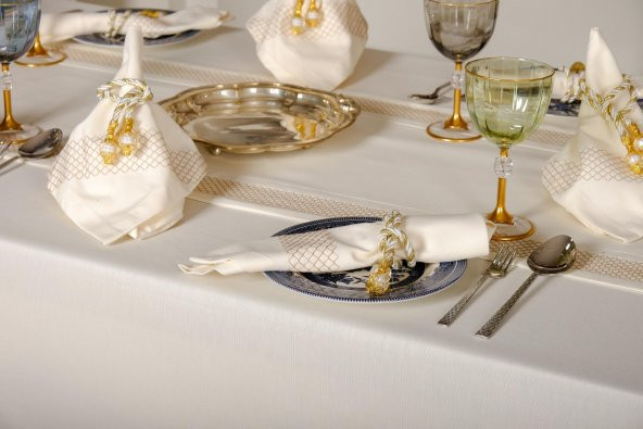 Finezza Nazlı Nakışlı Pamuk Krem Gold Sofra Takımı 8 Kşl. 170x240cm 18Prç.- 176 - 3