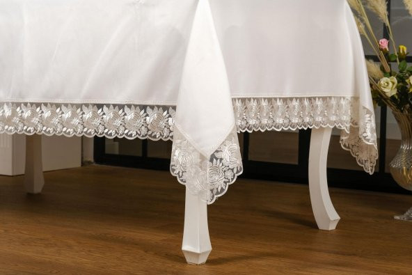 Finezza Olga Lüx Gül Dantelli Poly Bambu Kumaş Krem Masa Örtüsü 160x220 cm - 692 - 3