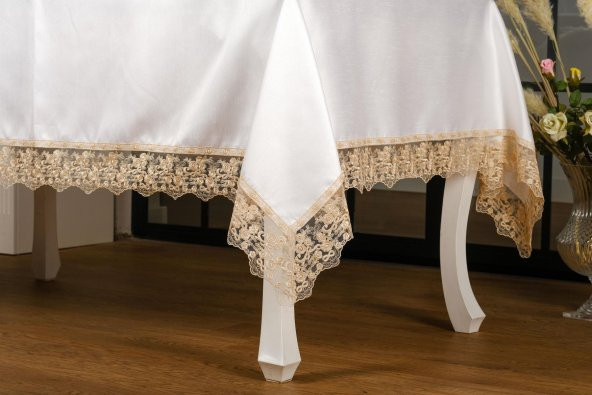 Finezza Olga Lüx Dantelli Poly Bambu Kumaş Krem Bej Masa Örtüsü 160x220 cm - 694 - 3