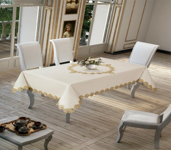 Finezza Jade Keten Efektli Kumaş Krem/Bej Renk Masa Örtüsü 160*220 cm - 828 - 2