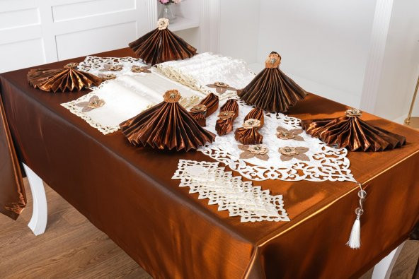Finezza Afife Kadife Krem Kahve Sofra Takımı 8 kişilik 160x230 cm 34 Parça - 47 - 2