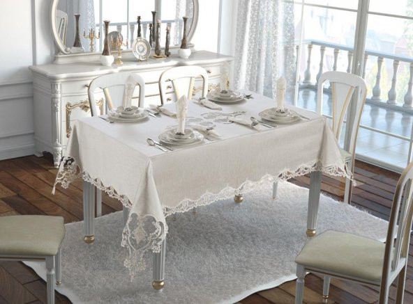 Finezza Hanedan Dantelli Bambu Krem Sofra Takımı 8 kişilik 160x230cm 17Prç.- 113