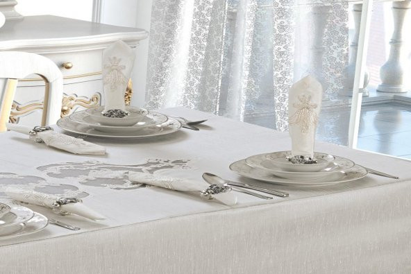 Finezza Hanedan Dantelli Bambu Krem Sofra Takımı 8 kişilik 160x230cm 17Prç.- 113 - 2