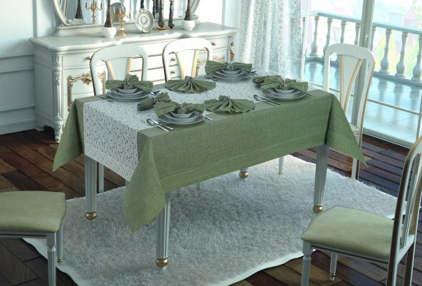 Finezza Nil Keten Kumaş Koyu Yeşil Sofra Takımı 8 kişilik 160x230cm 17Prç. - 459