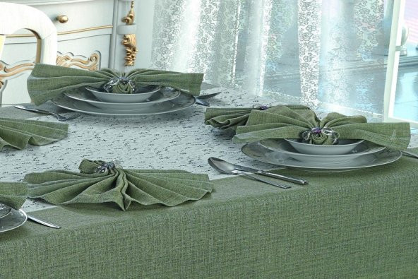 Finezza Nil Keten Kumaş Koyu Yeşil Sofra Takımı 8 kişilik 160x230cm 17Prç. - 459 - 3