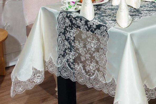 Finezza Rosalinda Güpürlü Monoray Kumaş Krem Sofra Takımı 8 Kşl. 170x240cm - 684 - 4