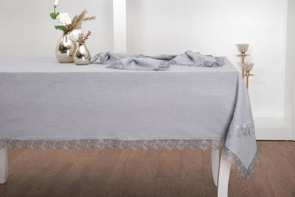 Finezza Estee Dantelli Pamuk Gri Sofra Takımı 6 kişilik 160x220cm 13 Prç. - 757 - 2