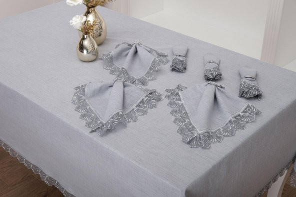 Finezza Estee Dantelli Pamuk Gri Sofra Takımı 6 kişilik 160x220cm 13 Prç. - 757 - 3