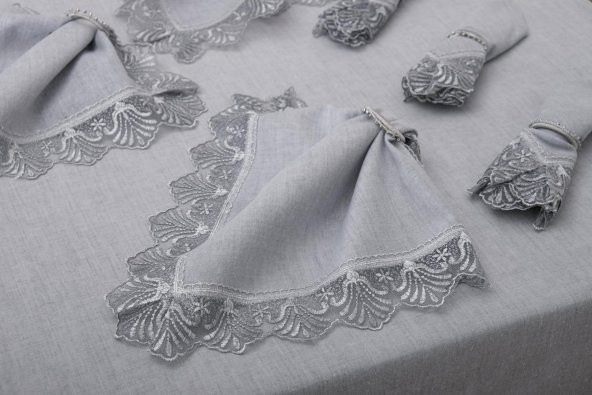 Finezza Estee Dantelli Pamuk Gri Sofra Takımı 6 kişilik 160x220cm 13 Prç. - 757 - 4
