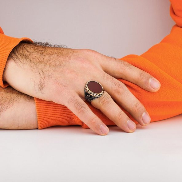 Bordo Akik Taşlı Tuğra Detaylı 925 Ayar Gümüş Yüzük - Resim 2