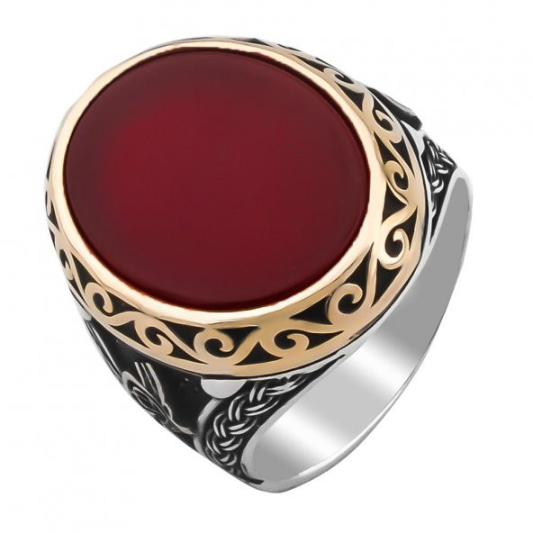 Bordo Akik Taşlı Tuğra Detaylı 925 Ayar Gümüş Yüzük - Resim 3