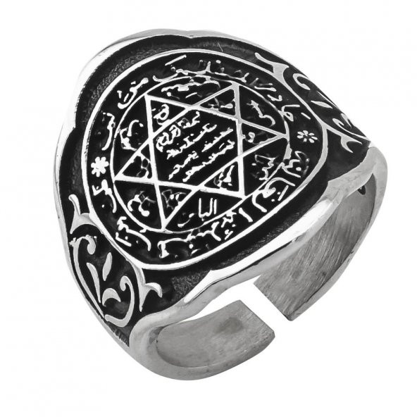 Hz Süleyman Mührü İşlemeli Ayarlanabilir 925 Ayar Gümüş Yüzük - Resim 4