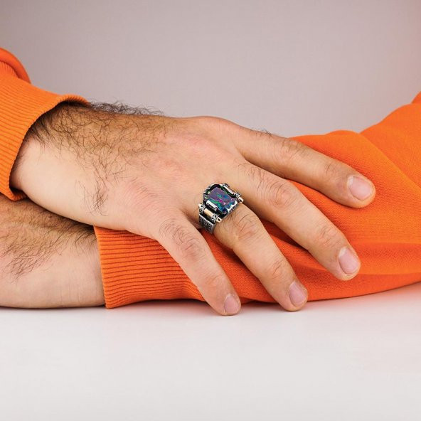 Mistik Topaz Taşlı İşlemeli Özel Tasarım 925 Ayar Gümüş Yüzük - Resim 2